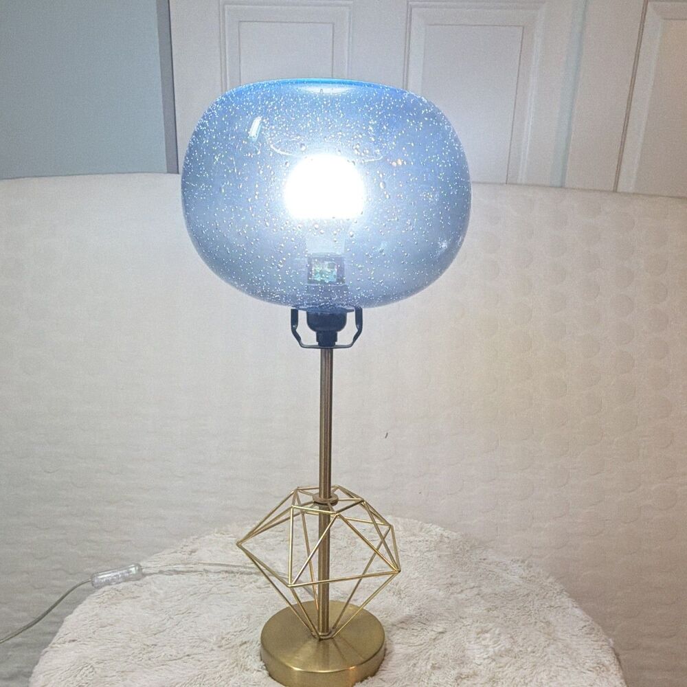 Pair Hand Blown Blue Seeded Glass Pendant Light Shades Globes 9”
